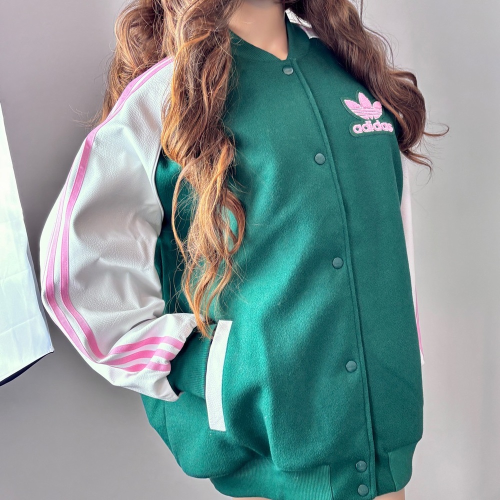 Adidas Oversized Green Jacket with Pink and White Details NWT